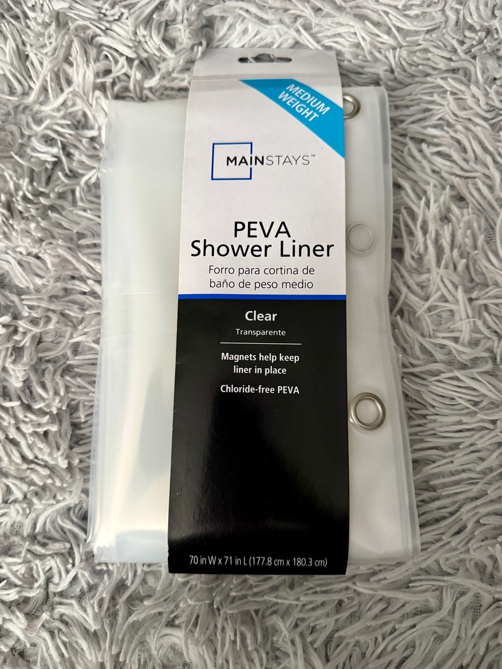 Mainstays Medium Weight Shower Liner Clear PEVA 70 x 71 w/ Magnets & Suction new